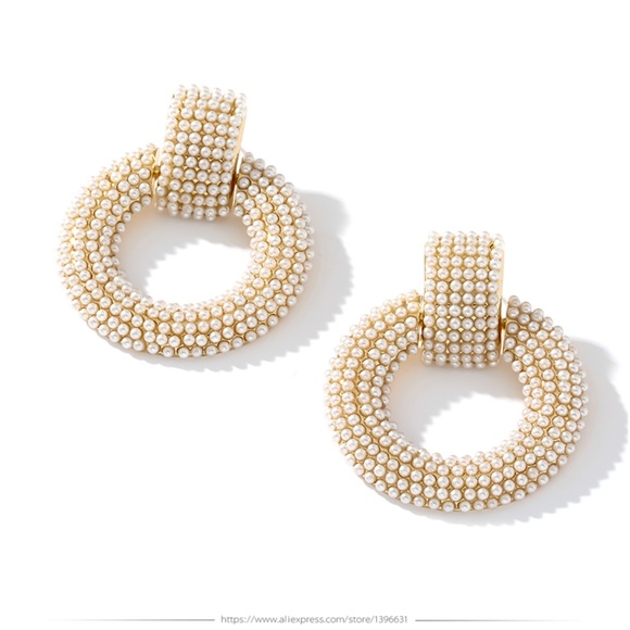 Cluster Pearl Retro Stud Gold Drop Hoop Earrings - Picture 7 of 8
